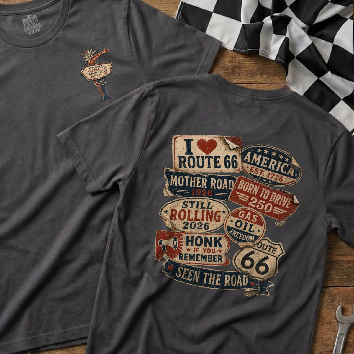 Dark grey t-shirt with Route 66 graphics, signs, and text.