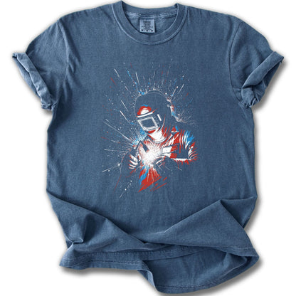 Futuristic Welder Graphic T-Shirt Sci-Fi Artwork Tee