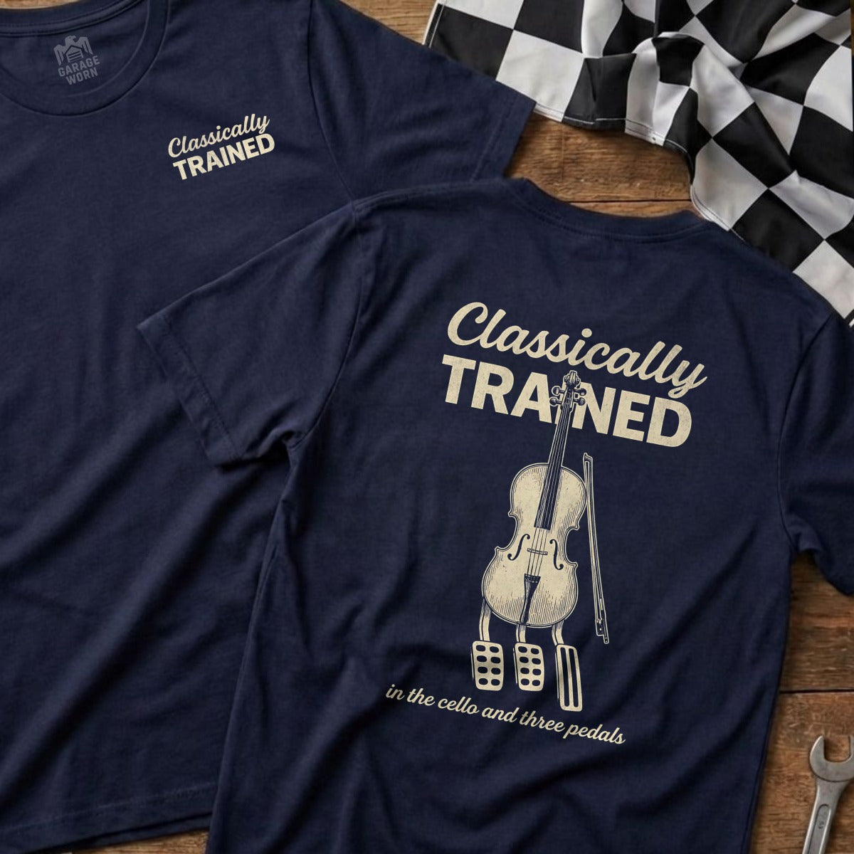 Navy t-shirt with "Classically Trained" and cello with three pedals.