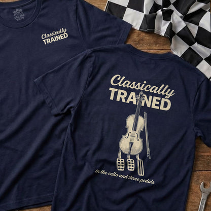 Navy t-shirt with "Classically Trained" and cello with three pedals.