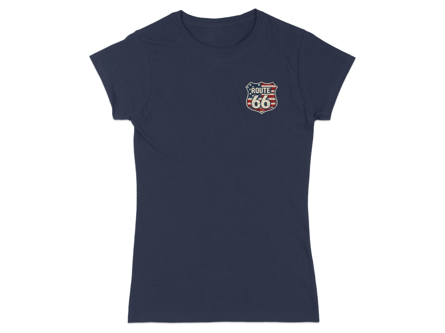 Navy t-shirt with Route 66 shield logo on left chest.