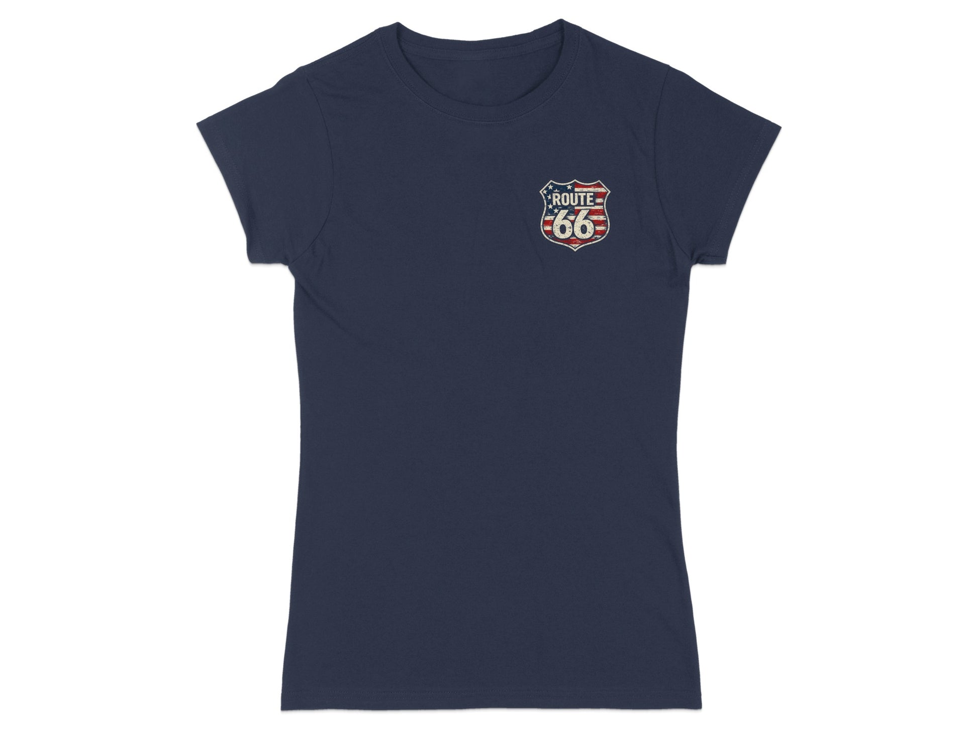 Navy t-shirt with Route 66 shield logo on left chest.