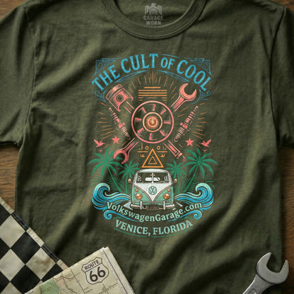 "The Cult of Cool" t-shirt features a VW van, tools, and palm trees.