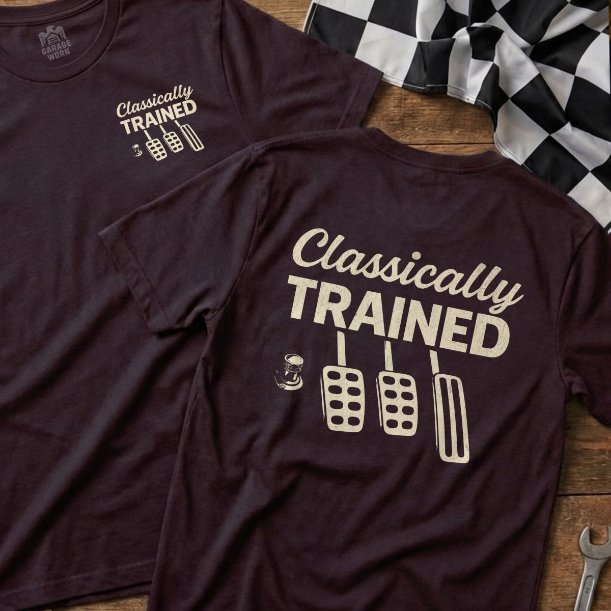 Burgundy t-shirt with "Classically TRAINED" text and pedal graphic.
