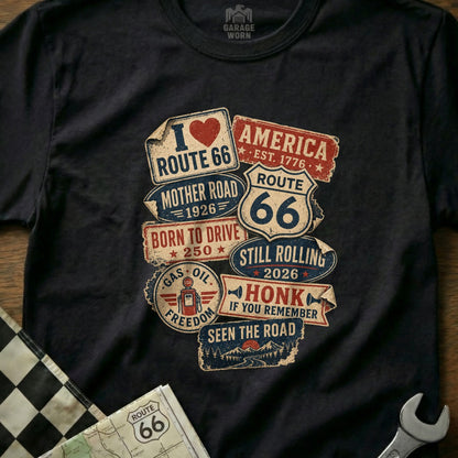 I love Route 66 t-shirt with vintage signs and car parts.