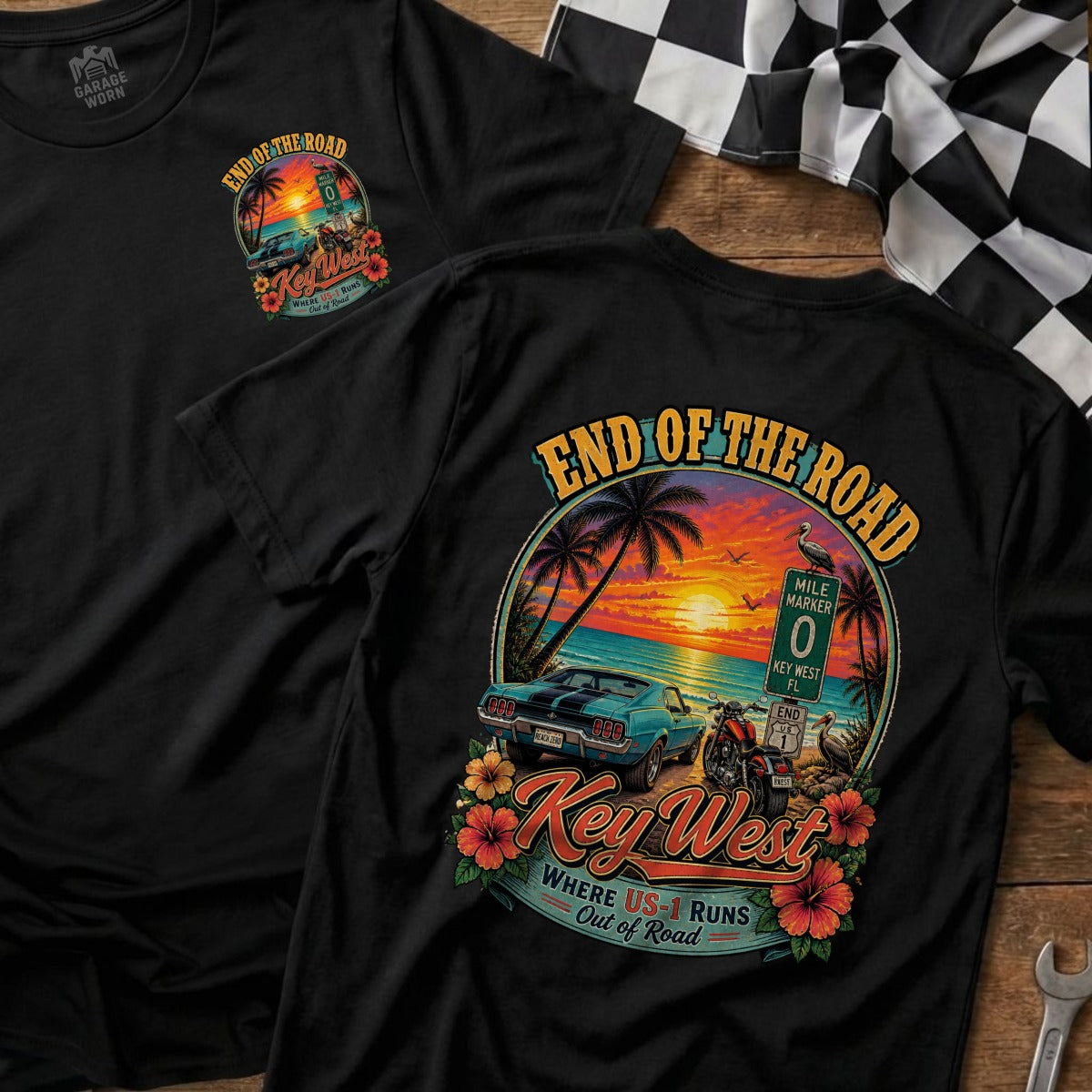 Black t-shirt with Key West sunset graphic featuring a classic car and motorcycle.