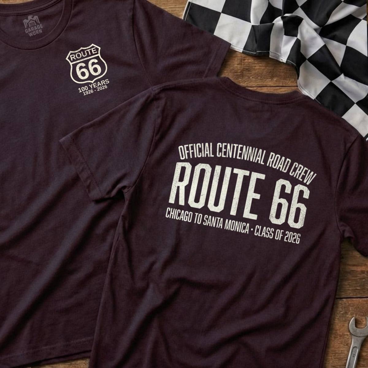 Maroon t-shirt with Route 66 Centennial Road Crew logo.