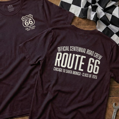 Maroon t-shirt with Route 66 Centennial Road Crew logo.