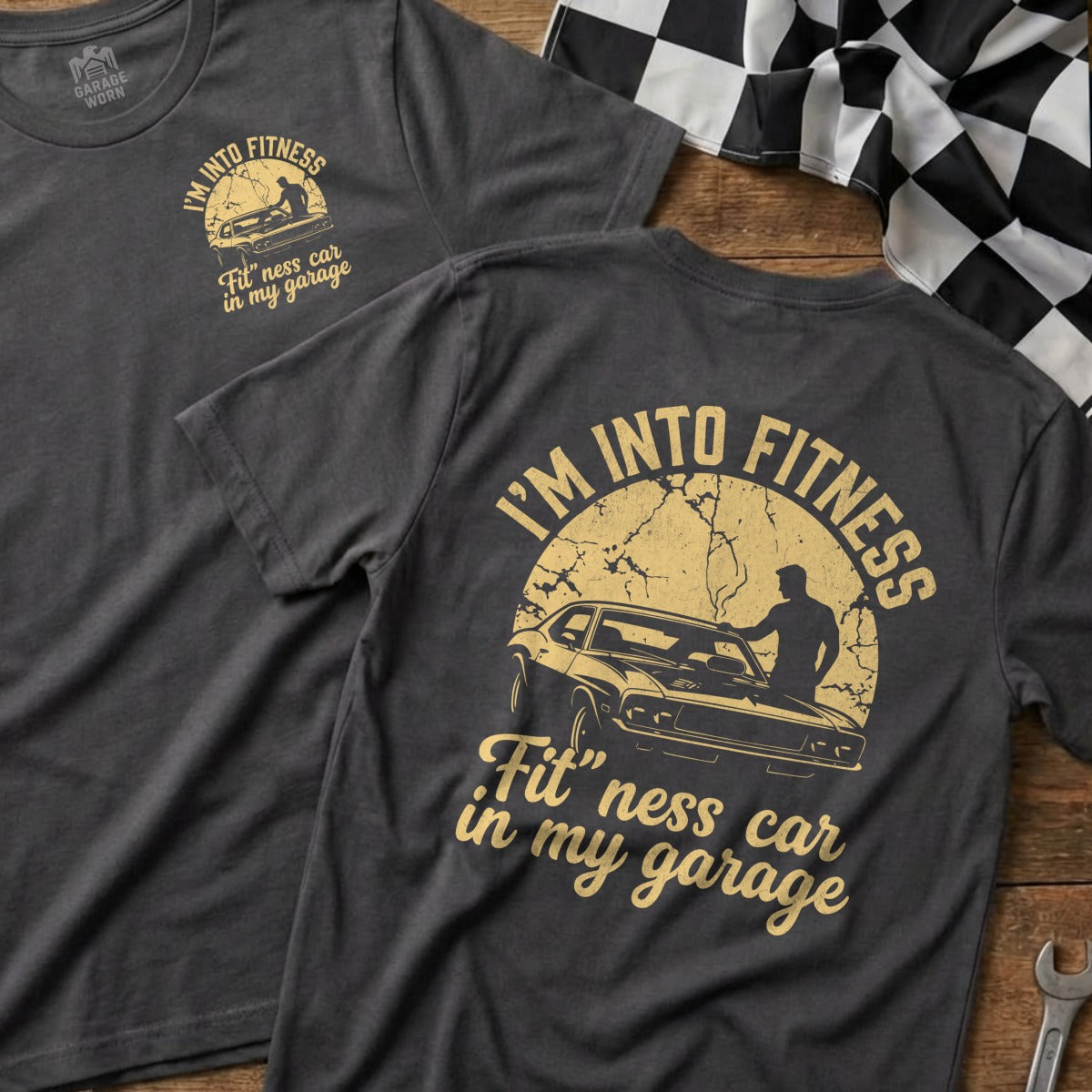 Dark gray t-shirt with "I'M INTO FITNESS" and a car graphic.