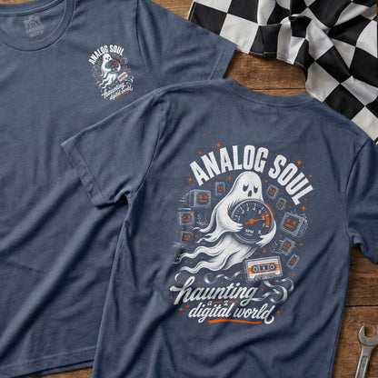 T-shirt with ghost holding speedometer, cassette tape, and digital elements, "Analog Soul" text.