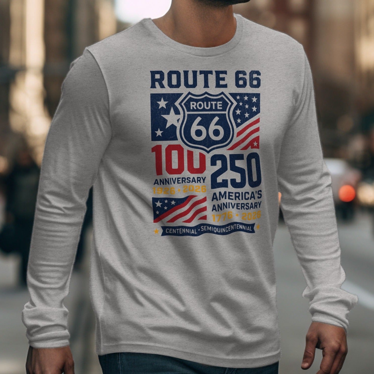 Long-sleeve gray shirt with Route 66 Centennial and America's Anniversary graphics.