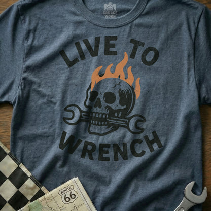 Live To Wrench Flame Skull Mechanic T-Shirt