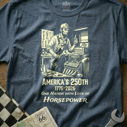 T-shirt design with mechanic, engine, and "America's 250TH" text.