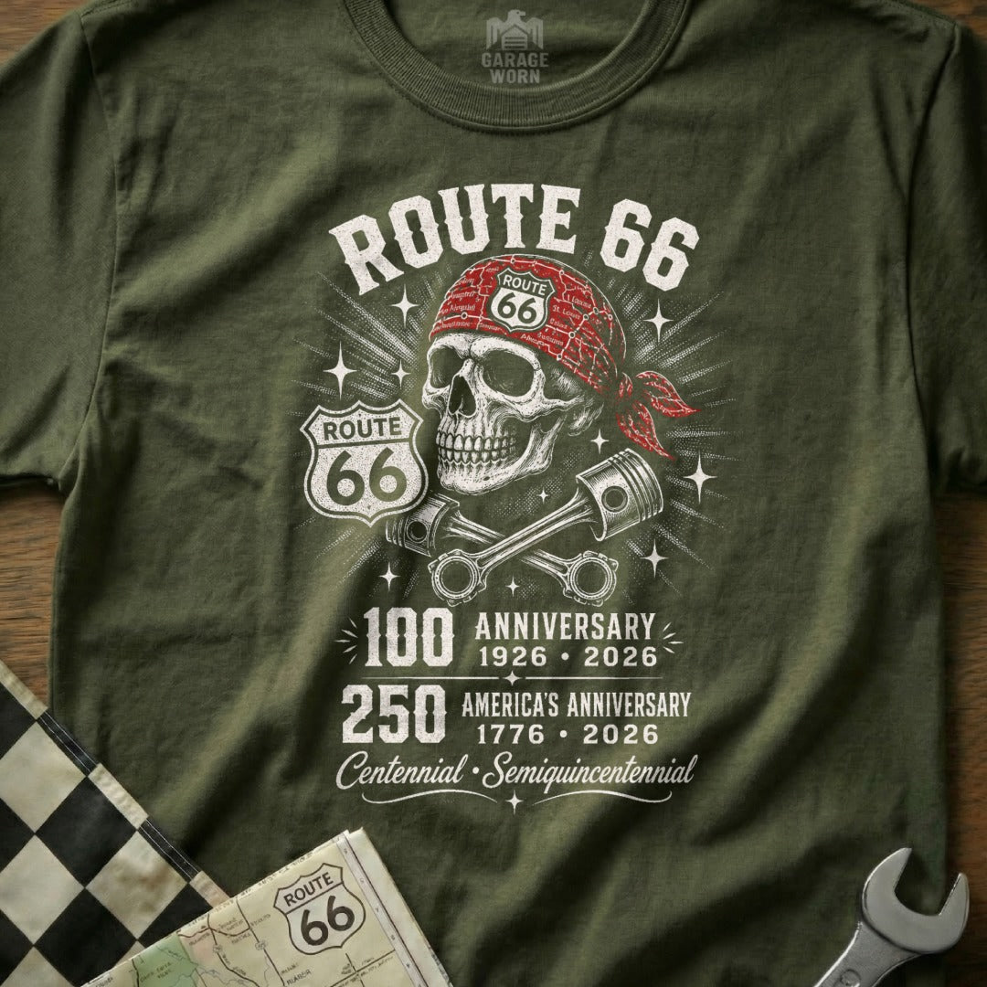 Green t-shirt with Route 66 skull, pistons, and anniversary dates.