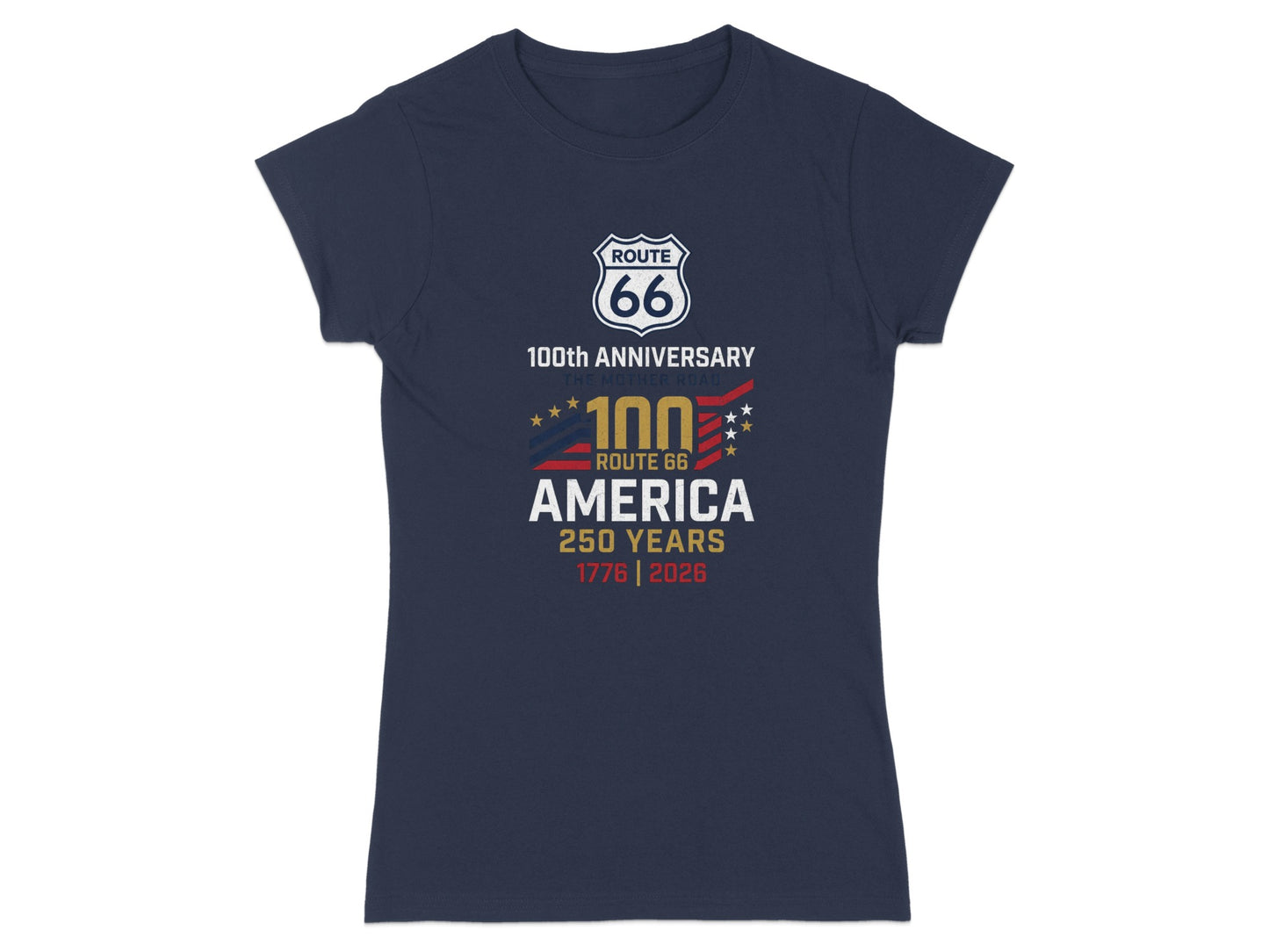 Navy t-shirt with Route 66 100th Anniversary and America 250 Years text.