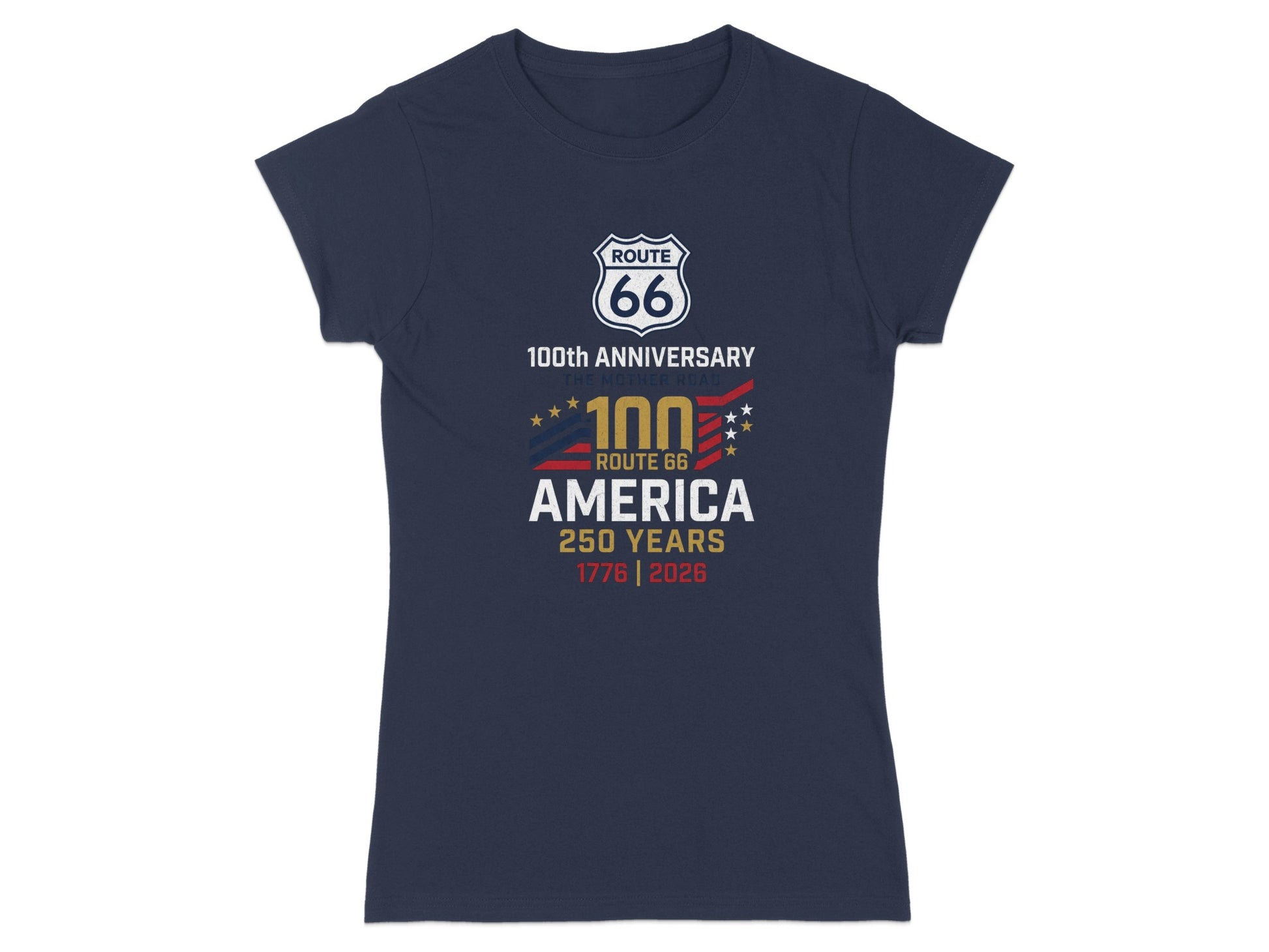 Navy t-shirt with Route 66 100th Anniversary and America 250 Years text.