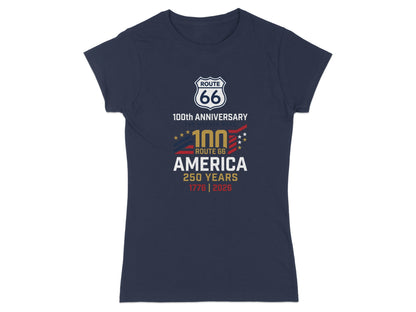 Navy t-shirt with Route 66 100th Anniversary and America 250 Years text.