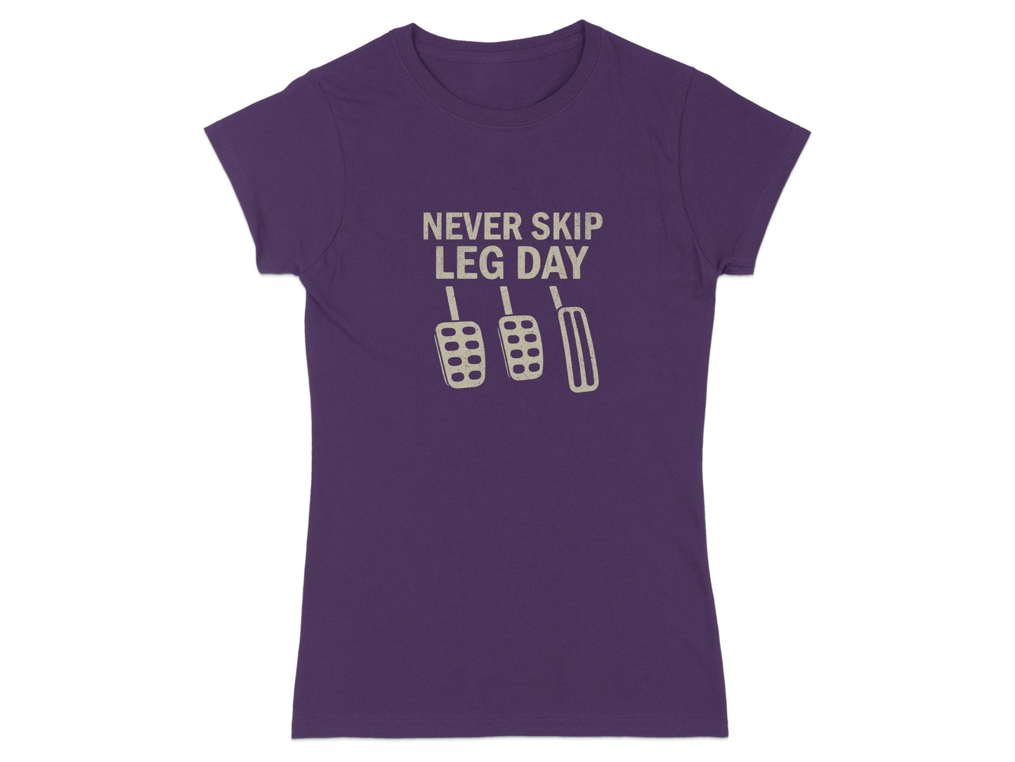 Purple t-shirt with "Never Skip Leg Day" text and pedal graphic.
