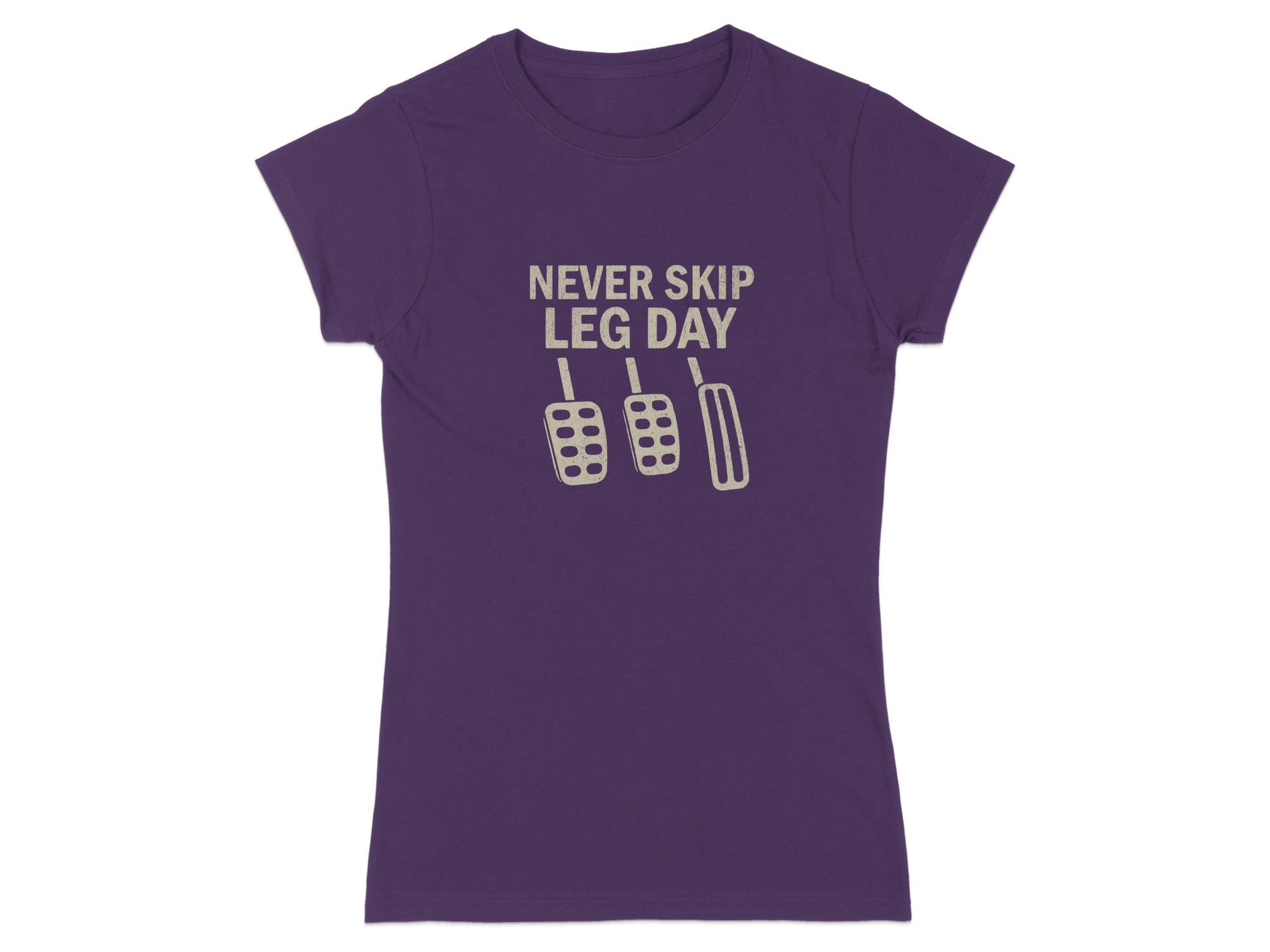 Purple t-shirt with "Never Skip Leg Day" text and pedal graphic.