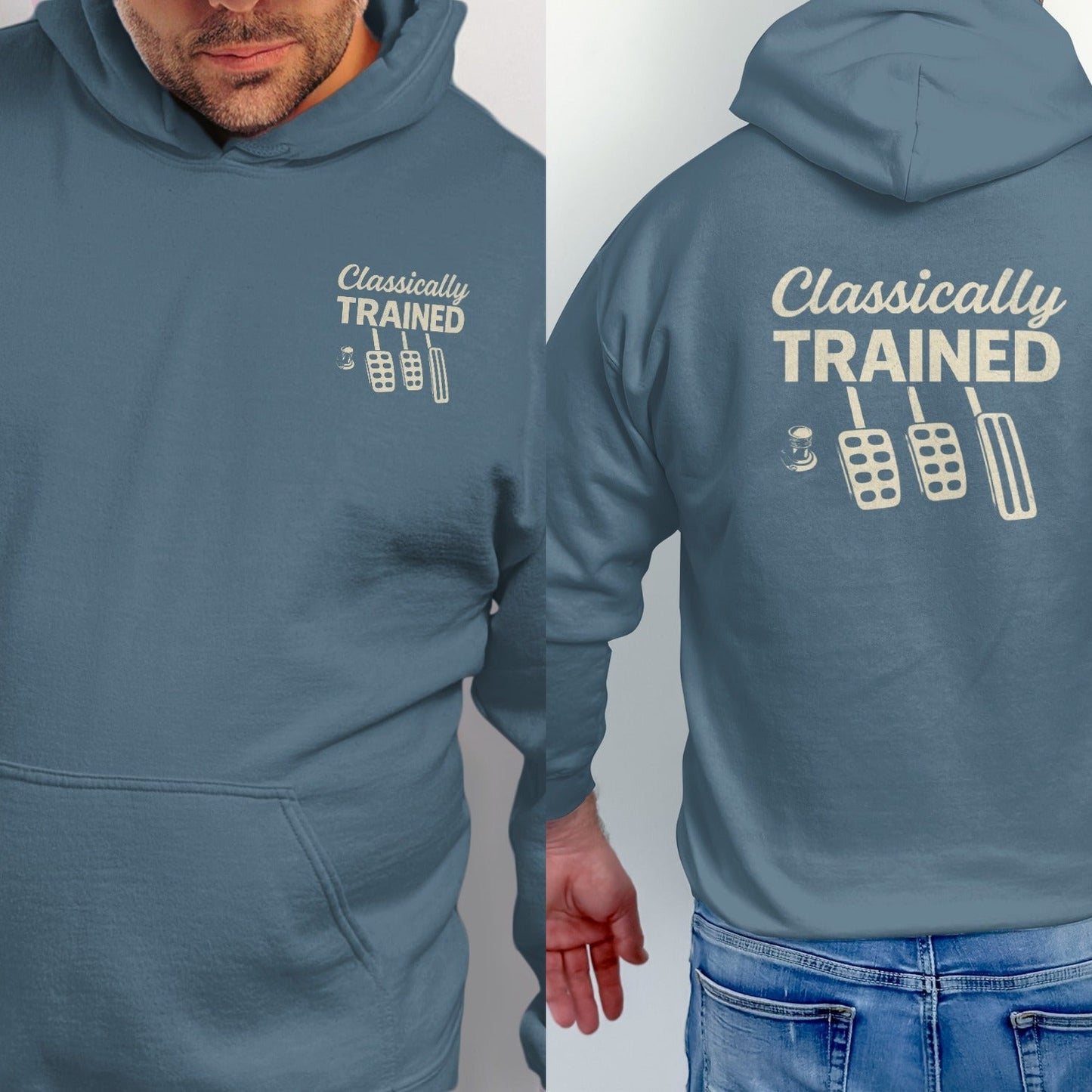 Blue hoodie with "Classically TRAINED" text and clutch, brake, and gas pedals graphic.