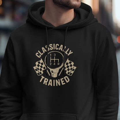 Black hoodie with "Classically Trained" text and gear shift graphic.