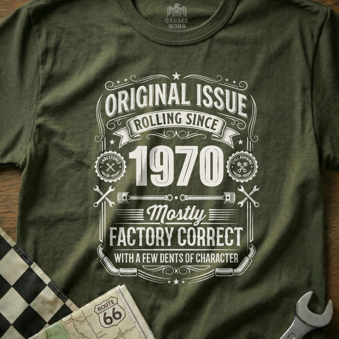 Green t-shirt with "Original Issue 1970" and "Mostly Factory Correct" text.