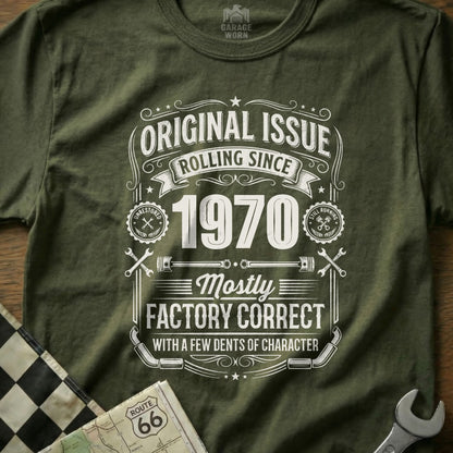 Green t-shirt with "Original Issue 1970" and "Mostly Factory Correct" text.