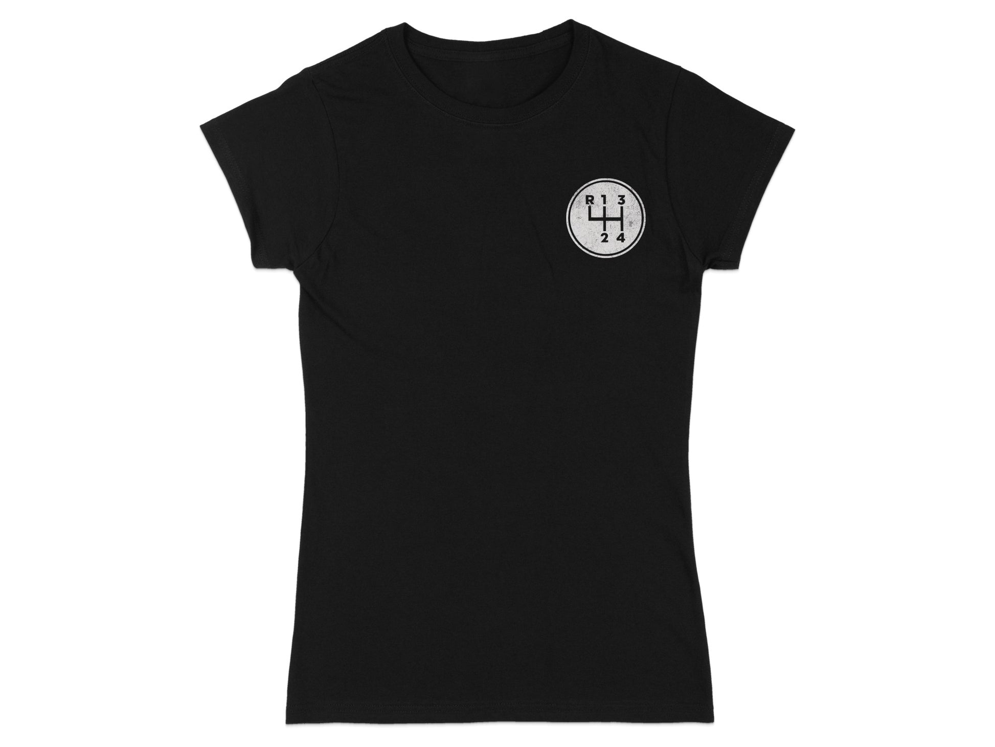 Black t-shirt with a circular vintage manual gearbox shift pattern graphic.