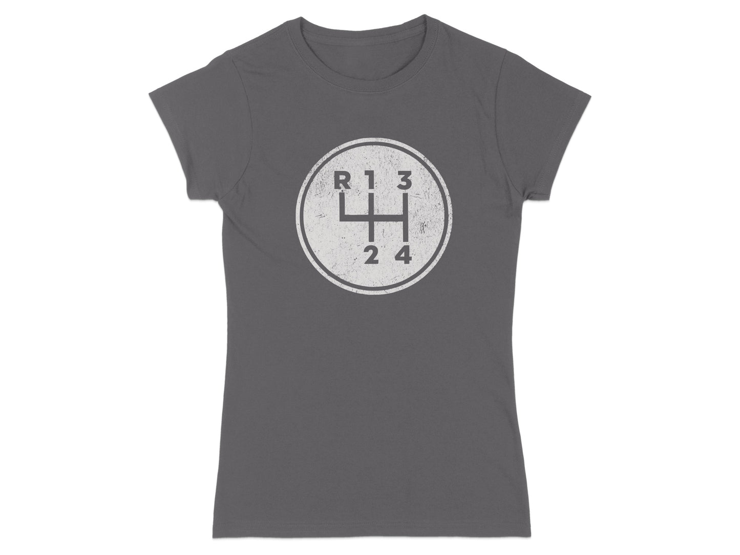 Grey t-shirt with a circular graphic of a manual transmission shift pattern.