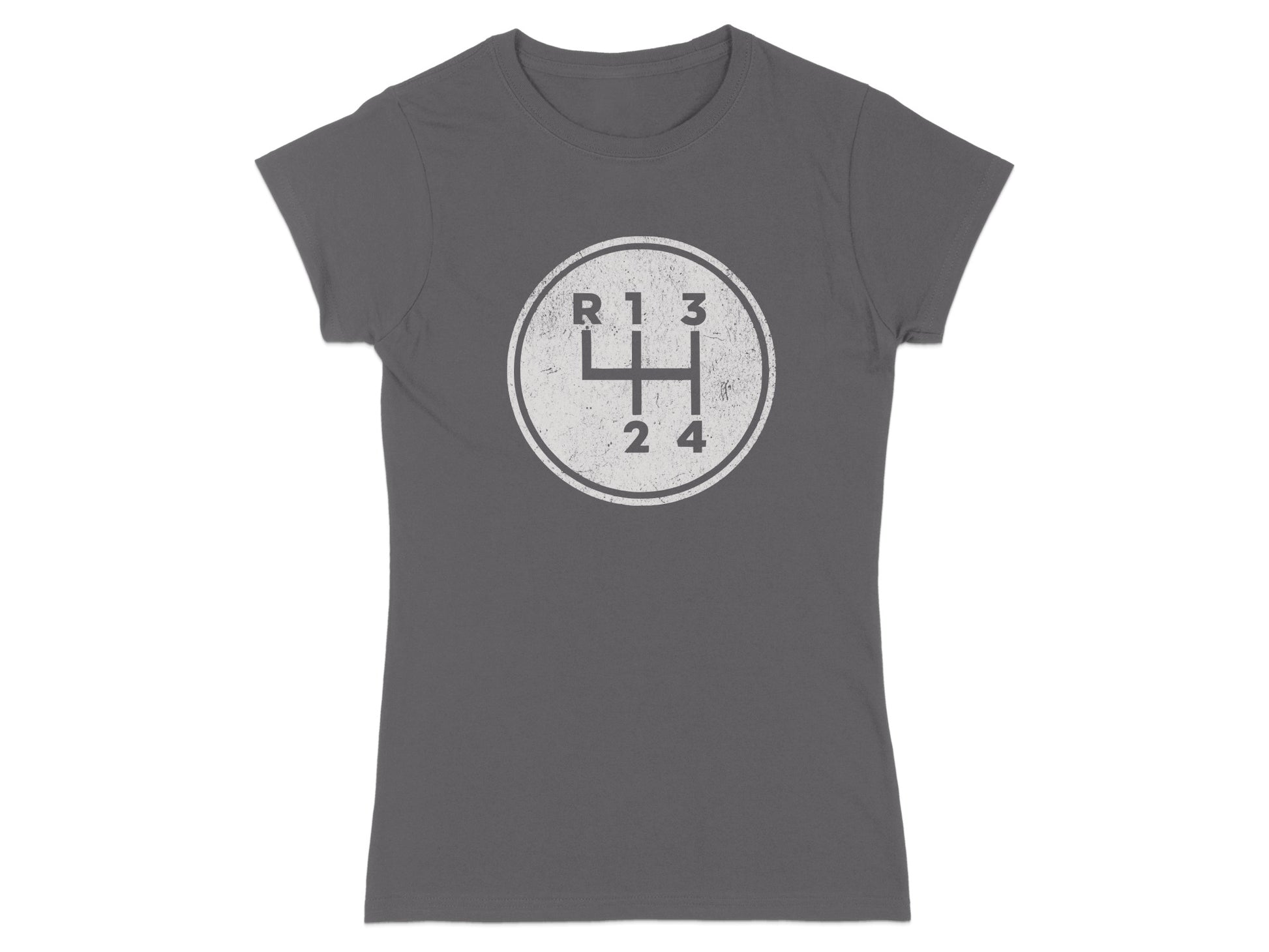 Grey t-shirt with a circular graphic of a manual transmission shift pattern.