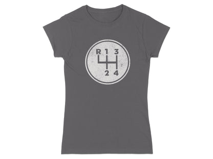 Grey t-shirt with a circular graphic of a manual transmission shift pattern.