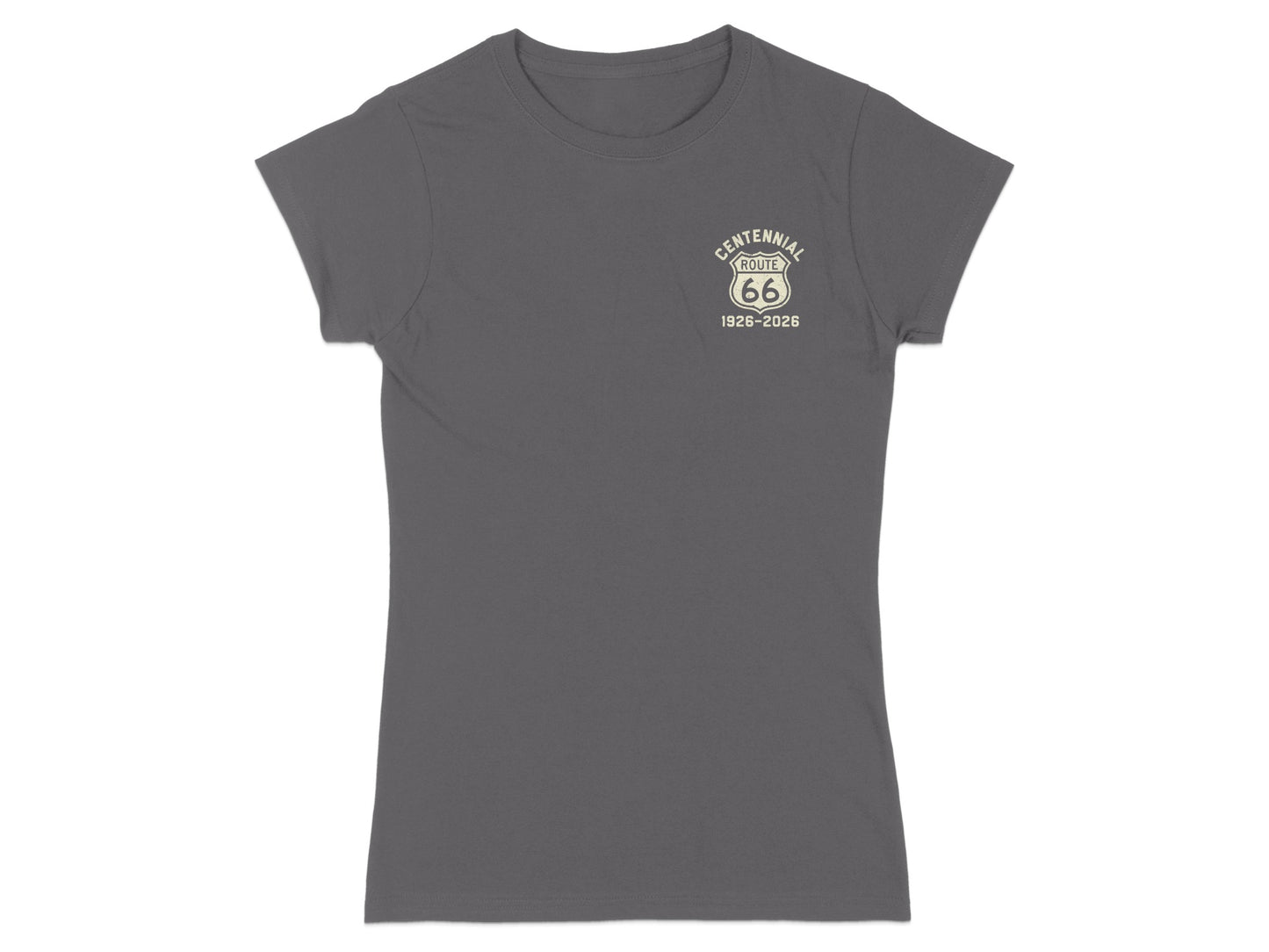 Grey t-shirt with Route 66 Centennial 1926-2026 logo on chest.