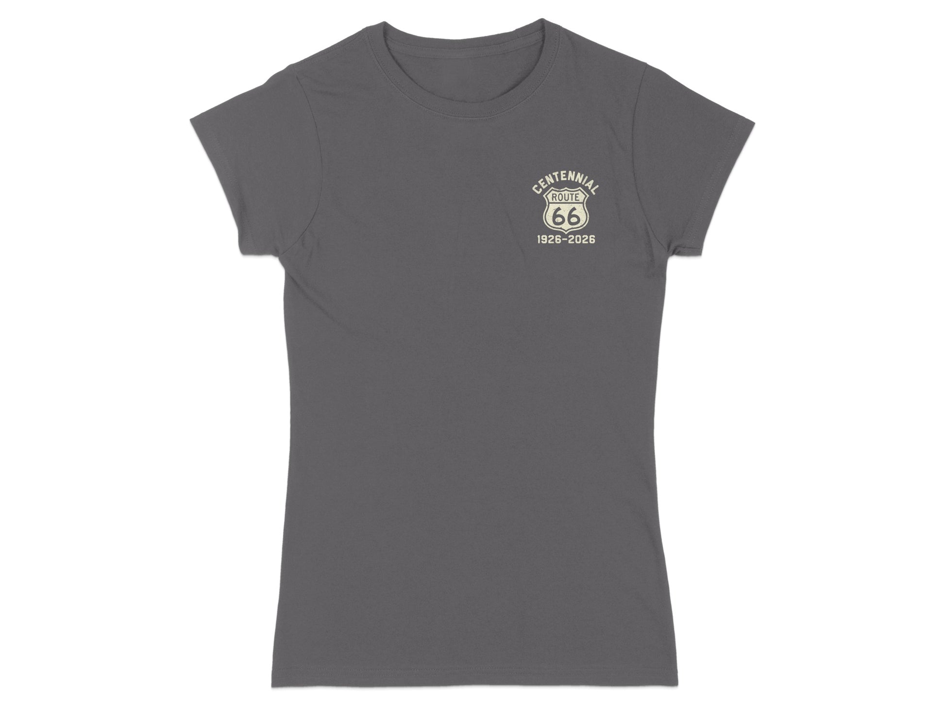 Grey t-shirt with Route 66 Centennial 1926-2026 logo on chest.