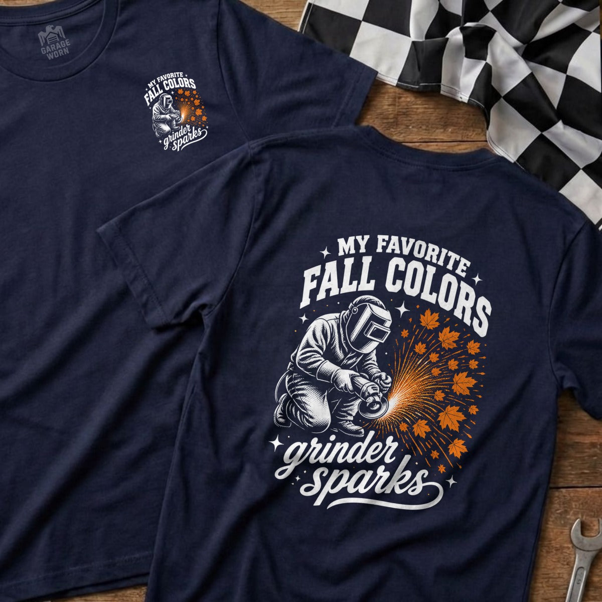 Navy t-shirt with "My Favorite Fall Colors" and grinder sparks graphic.