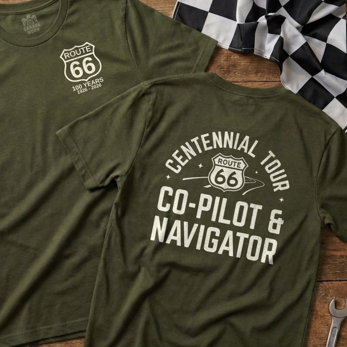 Olive green t-shirt with Route 66 100 Years 1926-2026 design.