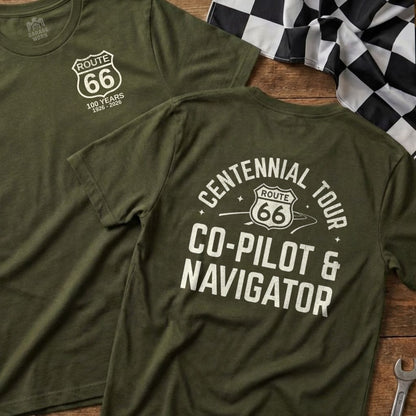 Olive green t-shirt with Route 66 100 Years 1926-2026 design.