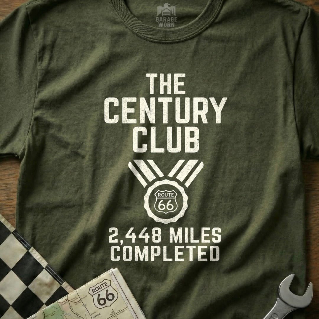 Green t-shirt with "The Century Club 2,448 Miles Completed Route 66" design.
