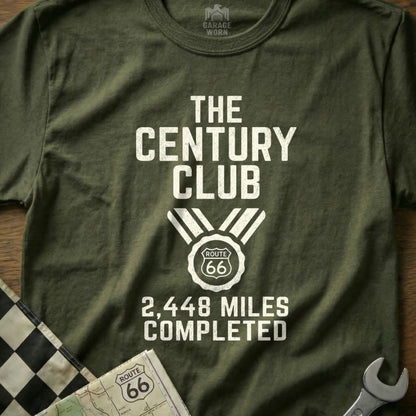 Green t-shirt with "The Century Club 2,448 Miles Completed Route 66" design.