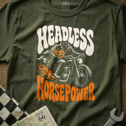 Green t-shirt with "Headless Horsepower" text and a headless jack-o'-lantern riding a motorcycle.