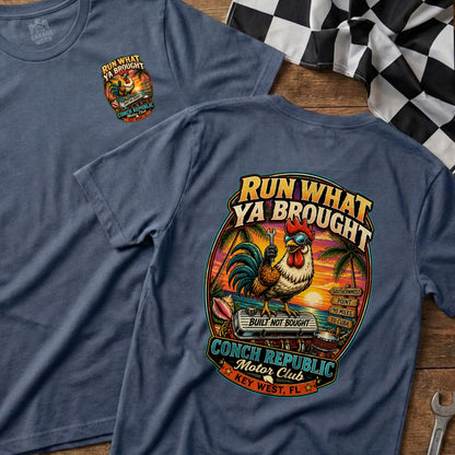 Blue t-shirt with rooster graphic and text "RUN WHAT YA BROUGHT".
