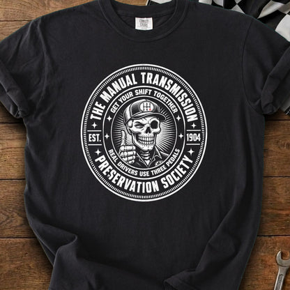 Black t-shirt with graphic for "The Manual Transmission Preservation Society."