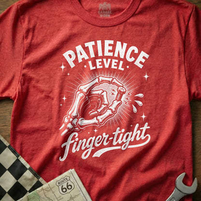 Red t-shirt with white graphic reading "Patience Level Finger-tight" and a skeleton hand tightening a bolt.
