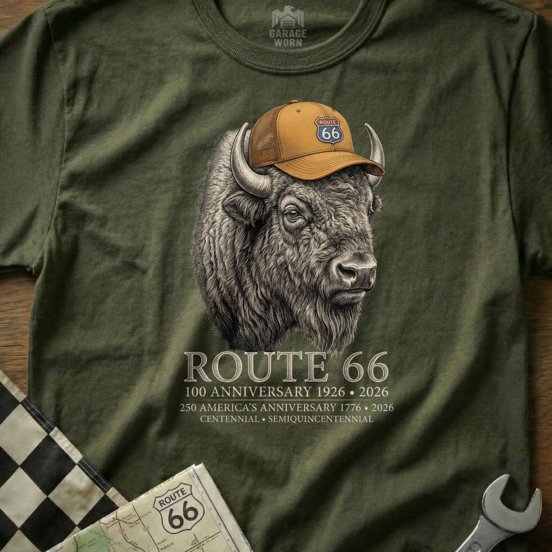 Bison wearing a Route 66 cap with text commemorating anniversaries.
