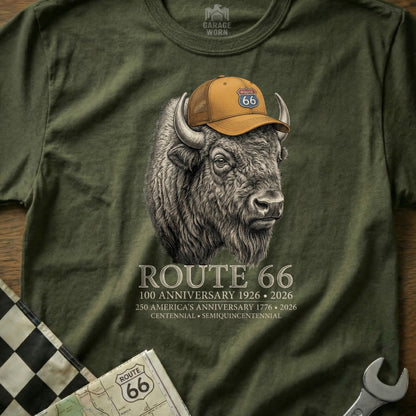 Bison wearing a Route 66 cap with text commemorating anniversaries.