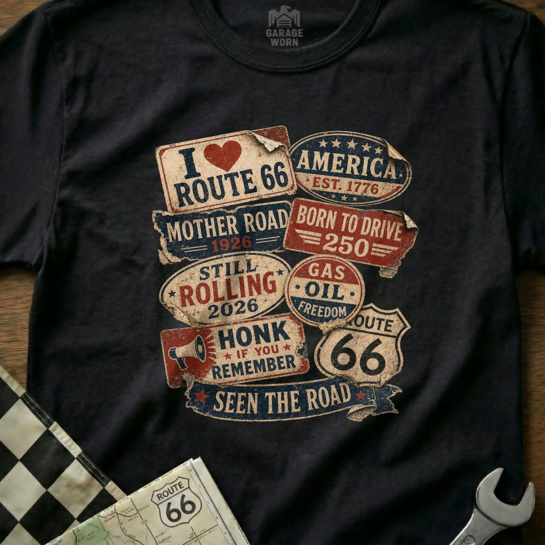 T-shirt featuring vintage Route 66 graphics and text.