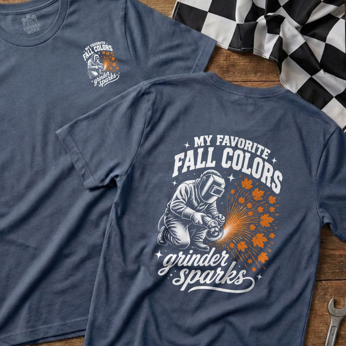 Blue t-shirt with "My Favorite Fall Colors" and welder graphic, "grinder sparks" text.