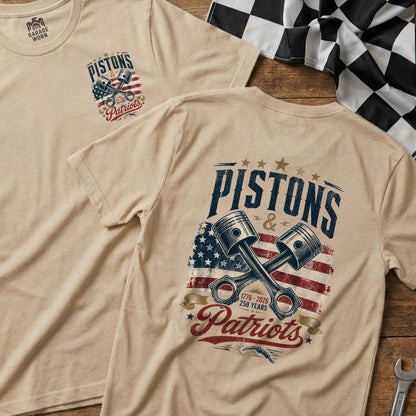 T-shirt with "Pistons & Patriots" graphic and crossed pistons over US flag.