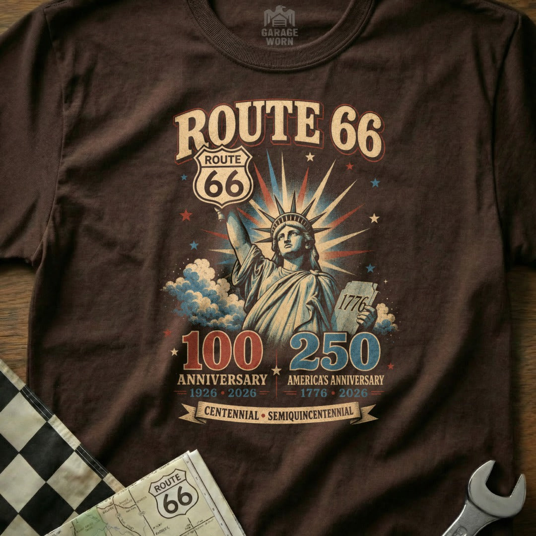 Brown t-shirt with Statue of Liberty, Route 66, and anniversary text.
