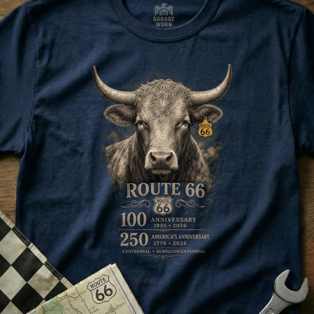 T-shirt graphic features a bull with a Route 66 tag, celebrating anniversaries.