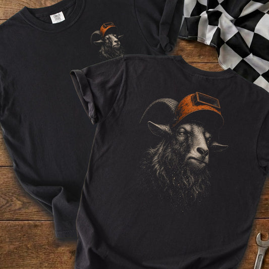 Black t-shirt with goat wearing welding mask graphic.